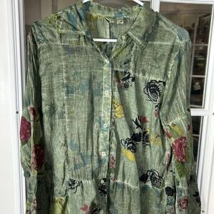 Vintage Goa Rise Print Shirt Tiered Dress Size Medium Sage Green Boho Cottage